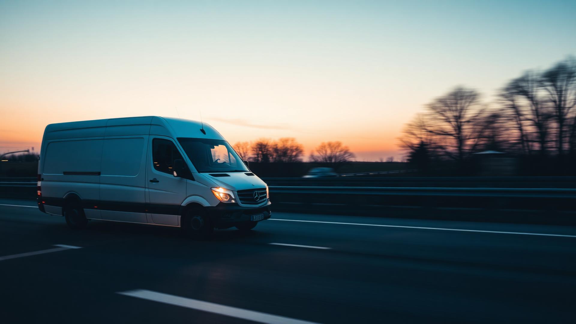 Sprinter van in motion on a highway at dusk